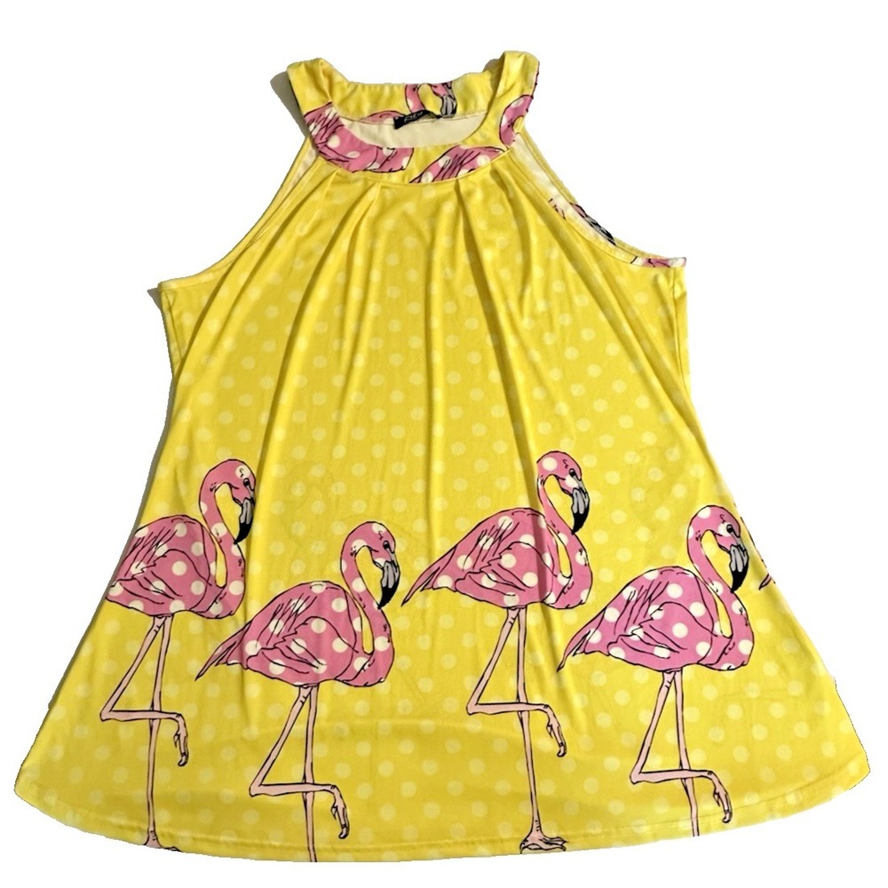Lily by Firmiana Flamingo Swing Tank Top 1X Yellow Pink Polka Dot Sleeveless